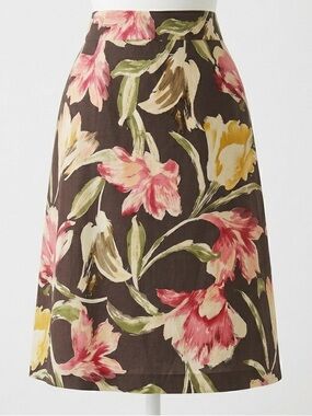 Talbots Vintage Floral Print Silk Cotton A-Line Skirt Brown Pink Yellow Size 12